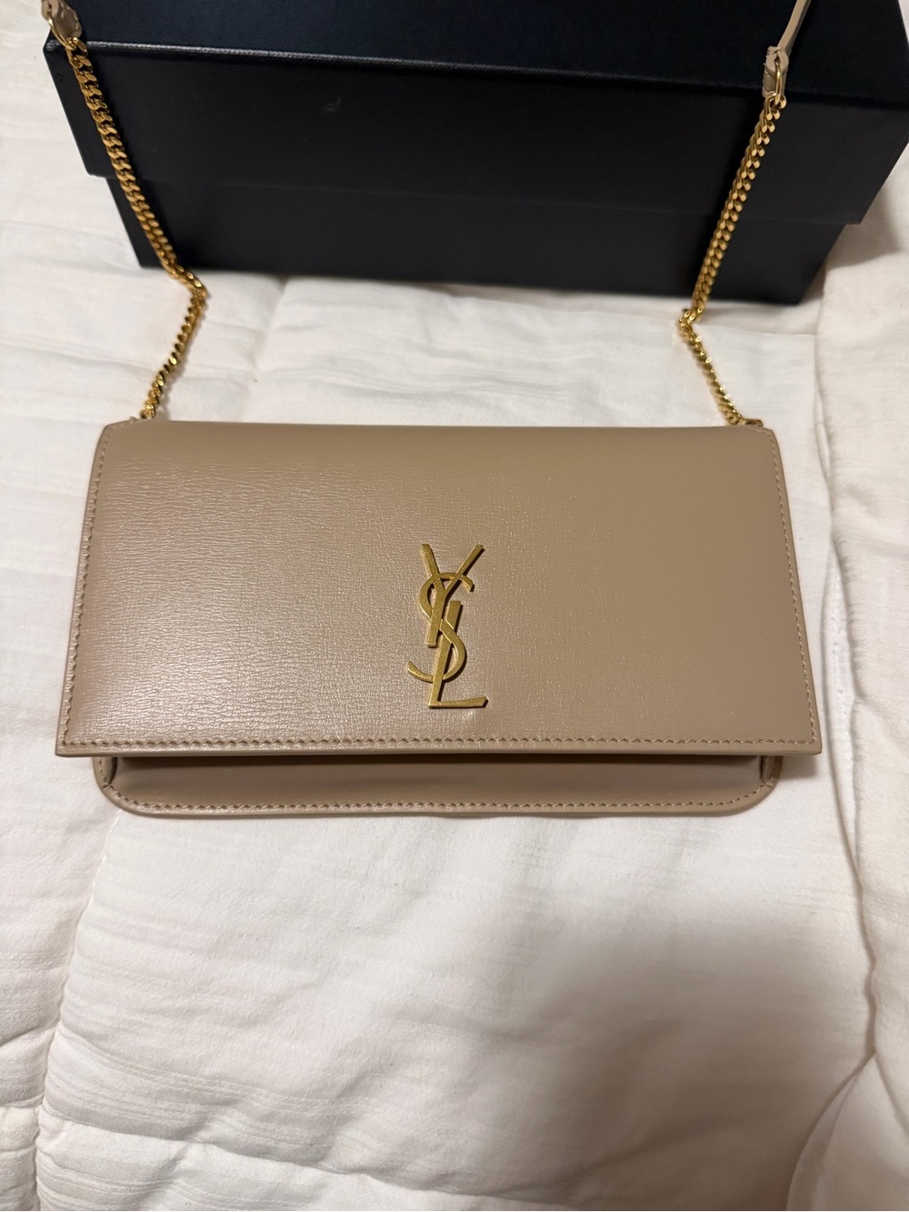 Saint Laurent Taupe Leather Chain Crossbody Phone Case with Gold YSL